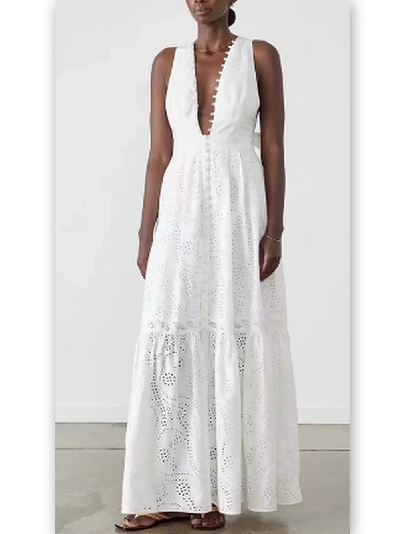 Subtle Sophistication Cotton Broderie White Halter Maxi Dress