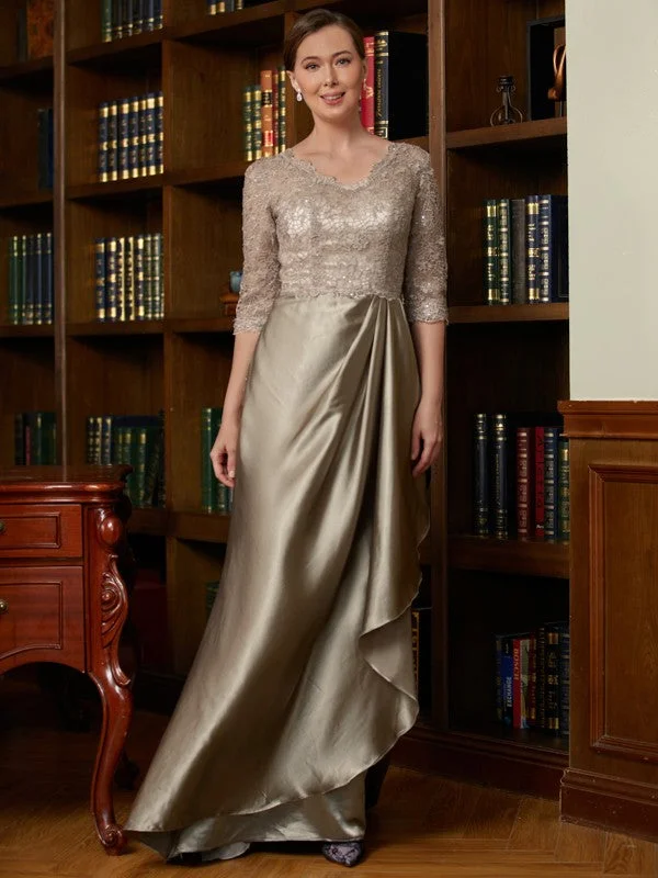 Shop Sale Items A-Line/Princess Silk Like Satin Lace V-neck 3/4 Sleeves Sweep/Brush Train Mother of the Bride Dresses