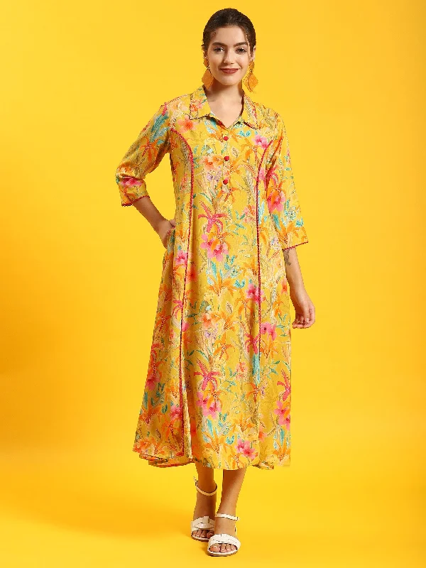 Floral Style Women Yellow Floral Print Dress