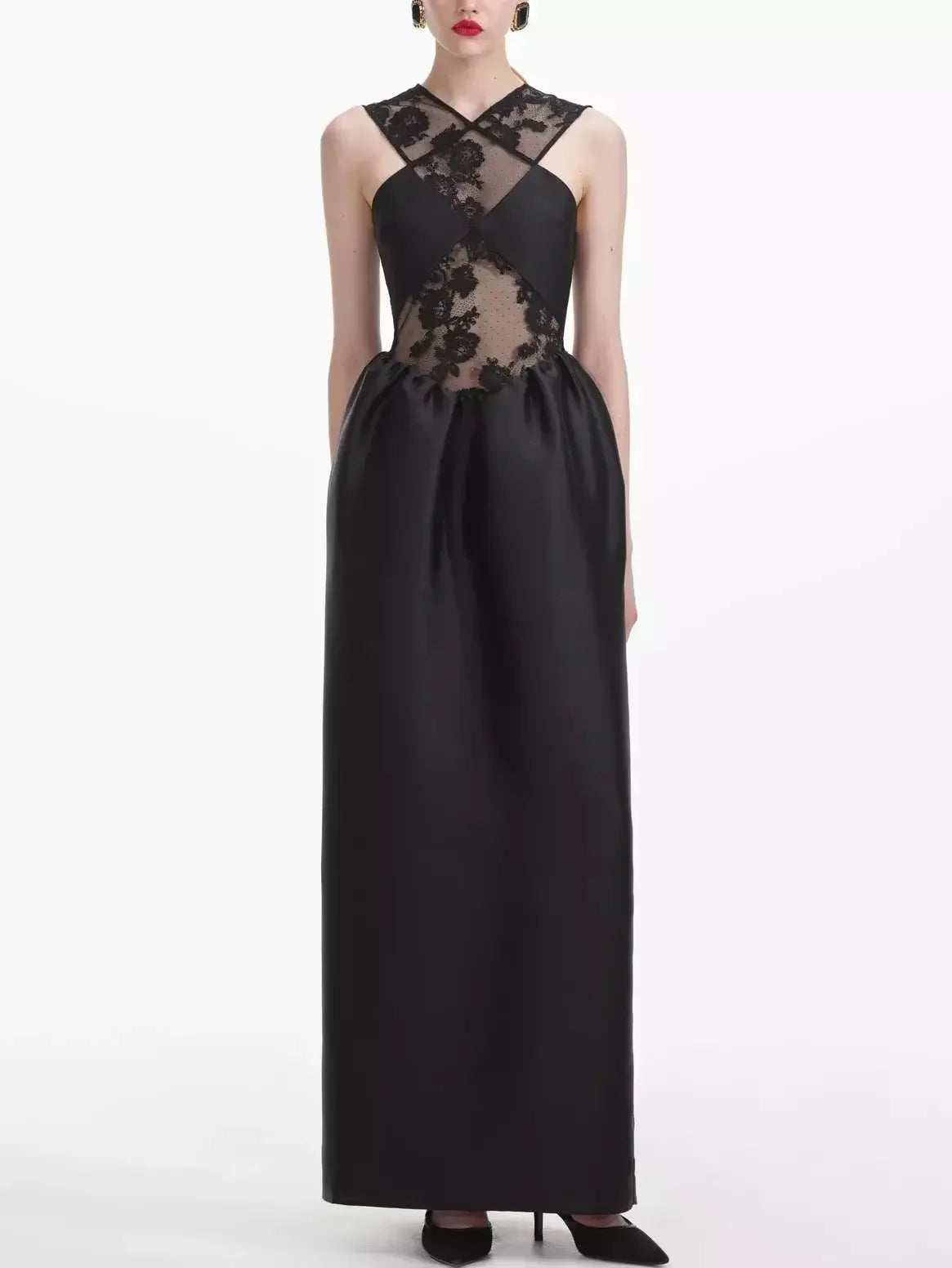 Effortless Comfort Black Lace Taffeta Cross-Front Maxi Dress