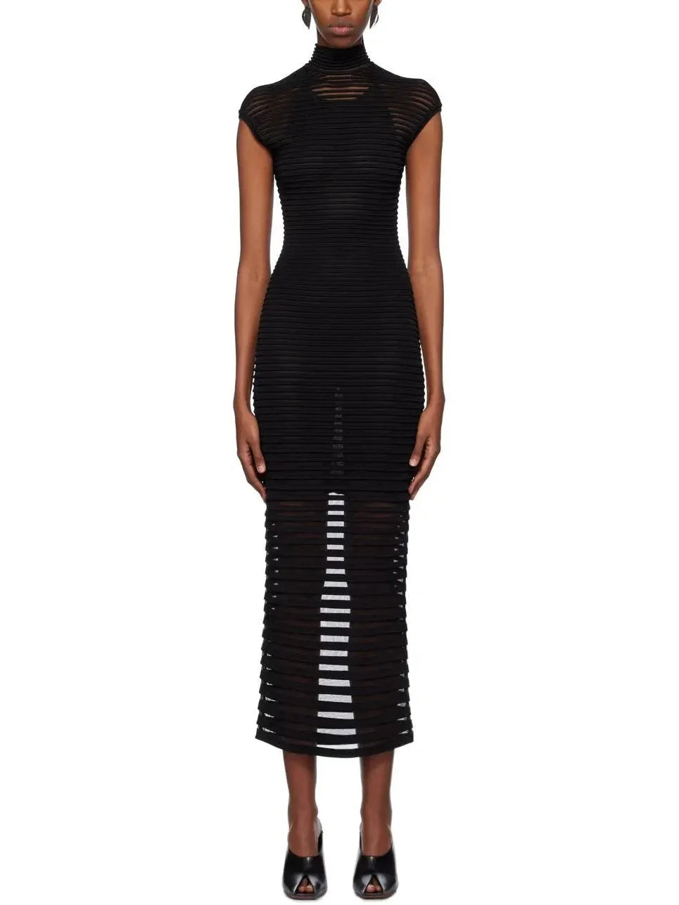 High-End Women’S Wear Black Backless Striped Semi-Sheer Maxi Dress