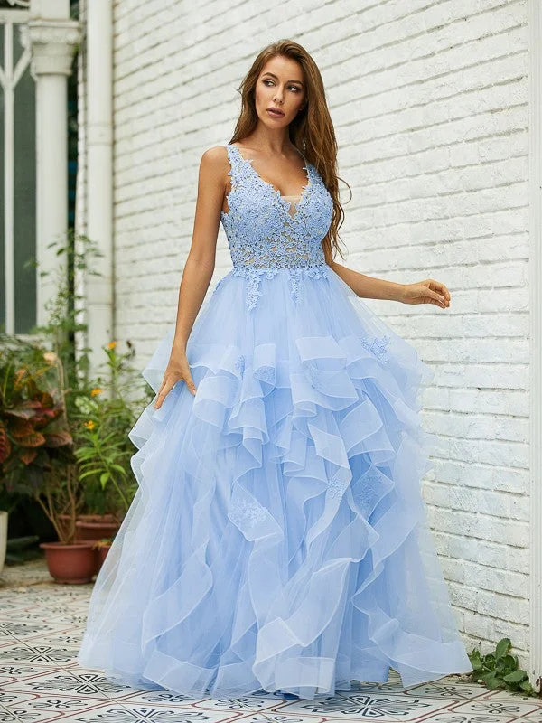 All Season Basics Discount A-Line/Princess Tulle Lace V-neck Sleeveless Floor-Length Dresses