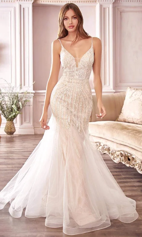 Evening Looks Cinderella Divine Bridal - Plunging V-Neck Embellished Mermaid Dress CDS401