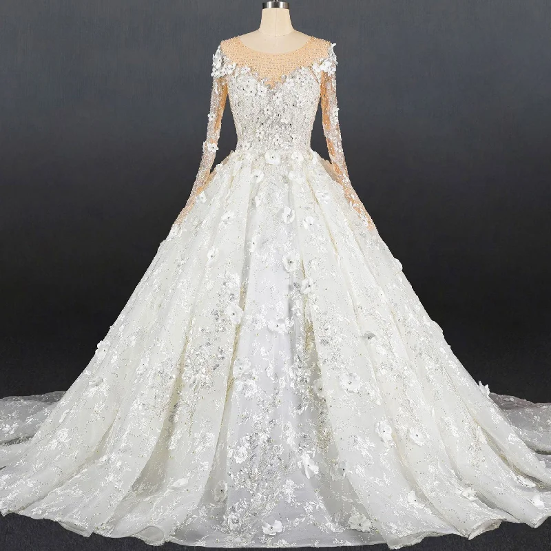 Vibrant Styles Unique Long Sleeve Ball Gown Wedding Dress with Sheer Neckline