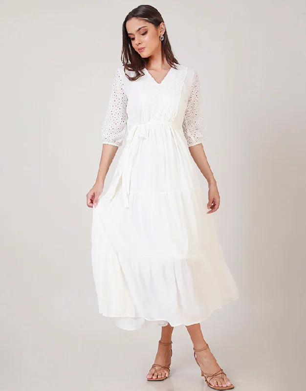 Lighten Up With Nordic Styles Off White Tiered Maxi Dress with V-Neck