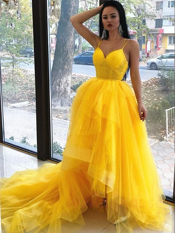 Today Only A-Line/Princess Tulle Ruffles V-neck Sleeveless Asymmetrical Dresses