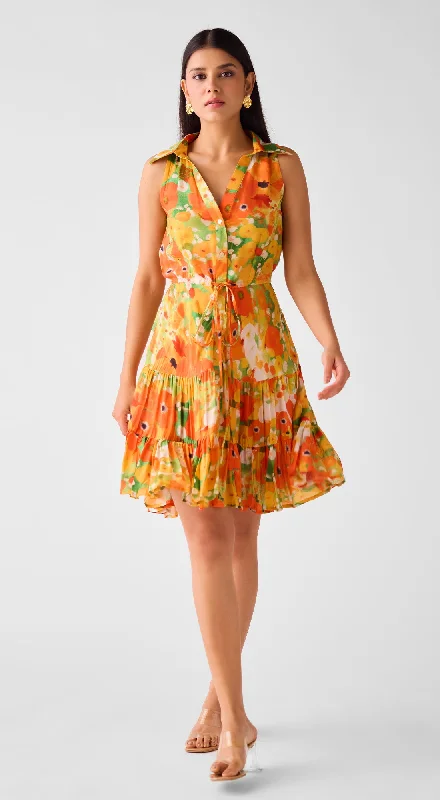 Summer Fashion Orange Muslin Floral Dress