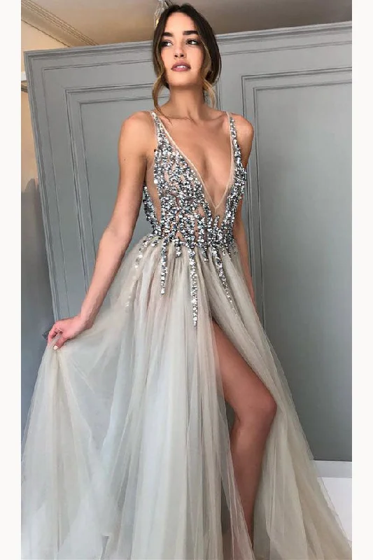 Classic Appeal Gray Sequined Deep V-Neck Tulle Evening Gown with Side Slit