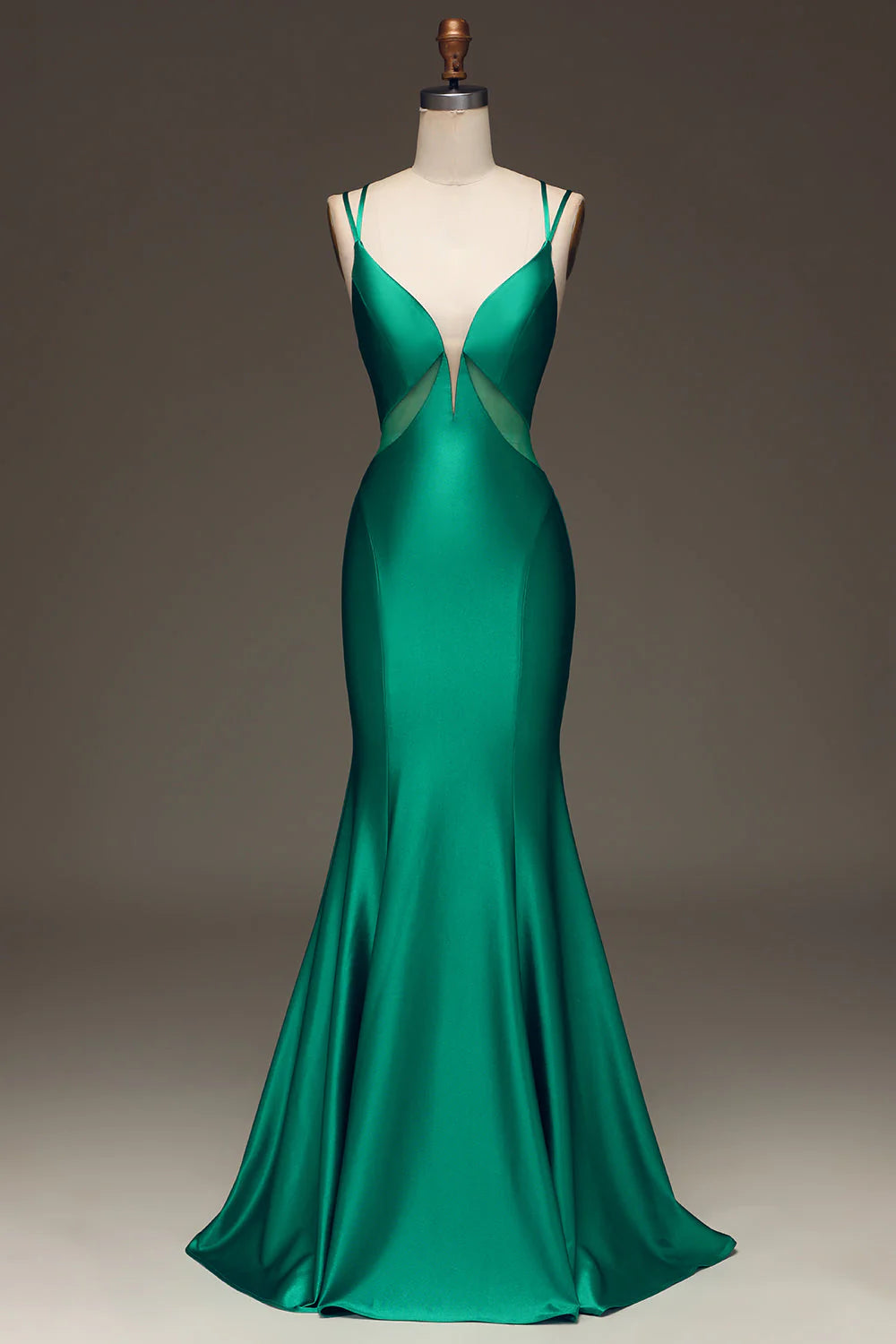 Limited Stock Amzcw Green Mermaid Spaghetti Straps Deep V-Neck Satin Long Prom Dress with Lace-up Back