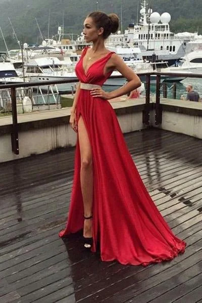 Mid - Season Sale A-Line Red Simple With Slip Side Satin Chiffon Charming Deep V-Neck Sleeveless Prom Dresses