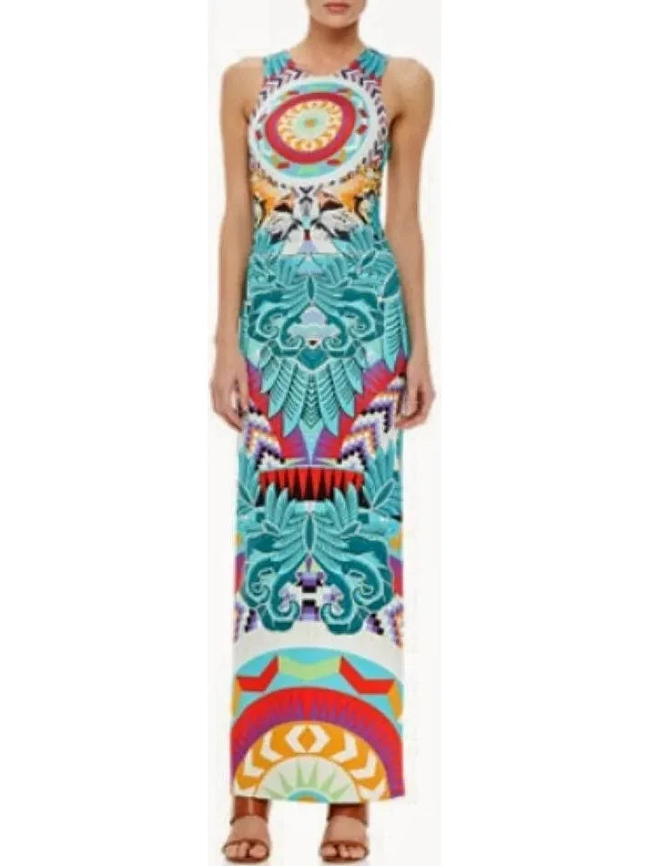 Pastel Styles Sleeveless Abstract Printed Multicolor Jersey Maxi Dress