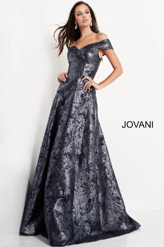 Celebrate With Big Savings Jovani Metallic Off the Shoulder Gown 03674