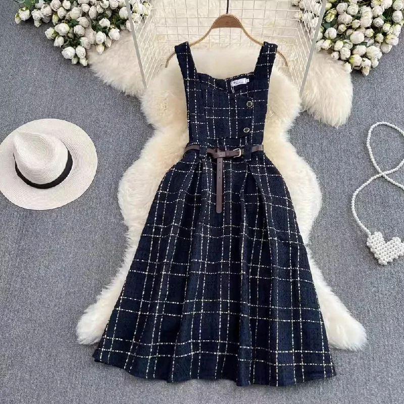 Elegant Contour sleeveless a-line plaid dress for women     S4103