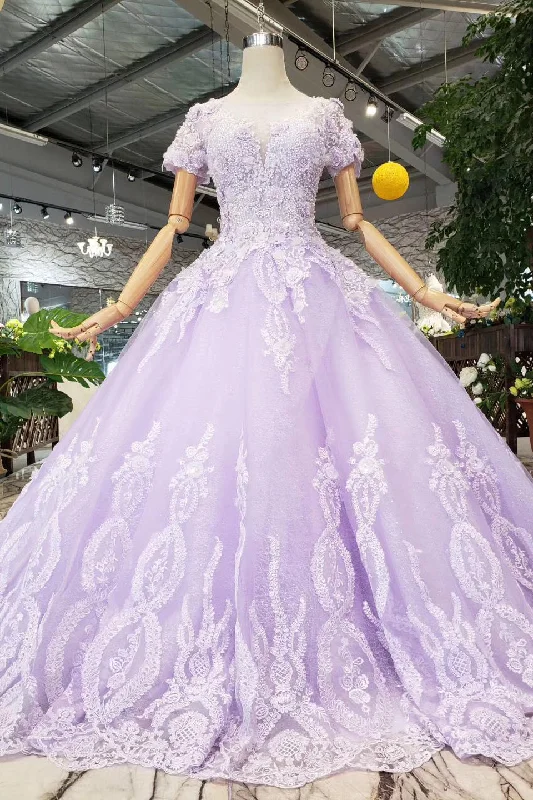 Exclusive Sale Gorgeous Lilac Ball Gown Short Sleeves Prom Dresses with Sheer Neck