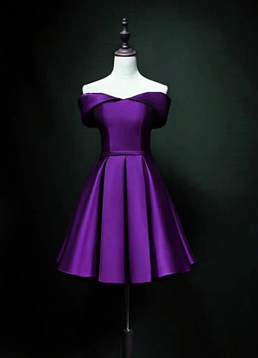 Spring Fling Sale Cute Short Sweetheart Satin Off Shoulder Purple Short Prom Dresses       S2968