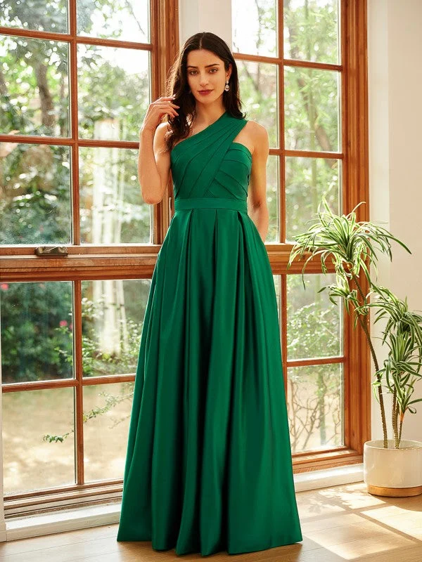 Seasonal Trends A-Line/Princess Satin Ruched One-Shoulder Sleeveless Floor-Length Dresses