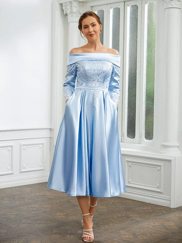 Odd Size Clearance Sale A-Line/Princess Elastic Woven Satin Ruched Off-the-Shoulder Long Sleeves Tea-Length Mother of the Bride Dresses