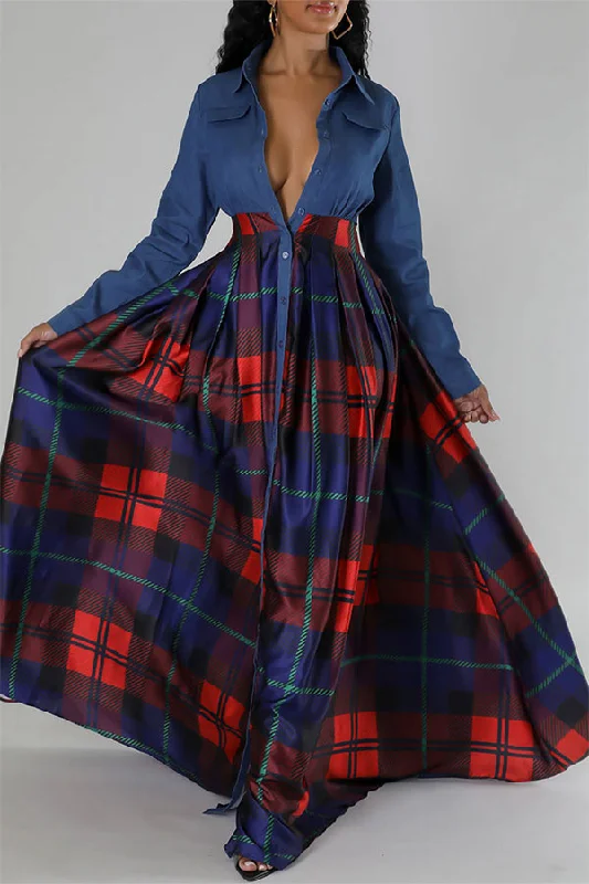 Artful Design Patchwork Plaid On-trend Single Breasted Maxi Dress