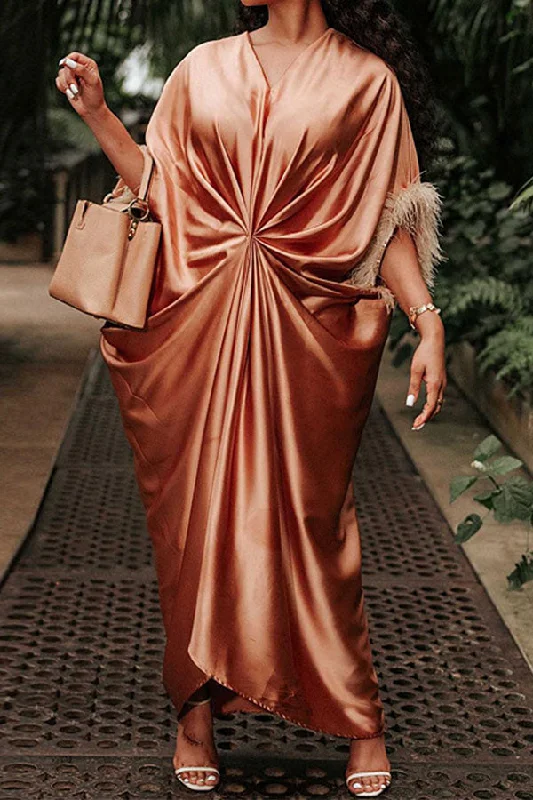 Limited - Edition Drops Solid Color Feather Trim Striking Draped Maxi Dress