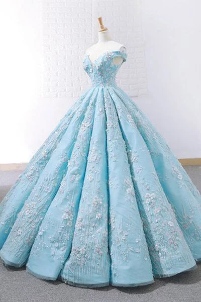 Effortless Grace Gorgeous Light Blue Off The Shoulder Lace Appliqued Ball Gown Prom Dresses