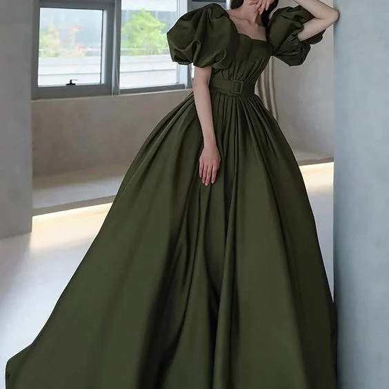 Break Fashion Norms Classic Satin Quinceanera Dress, Green evening dress with belt     S1278