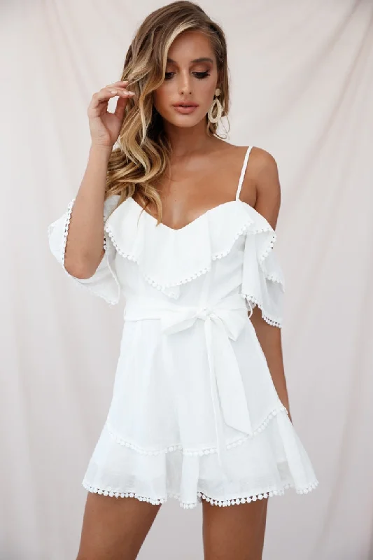 Minimalist Office - Ready Style Sugar Sugar Off-Shoulder Trim Detail Romper White