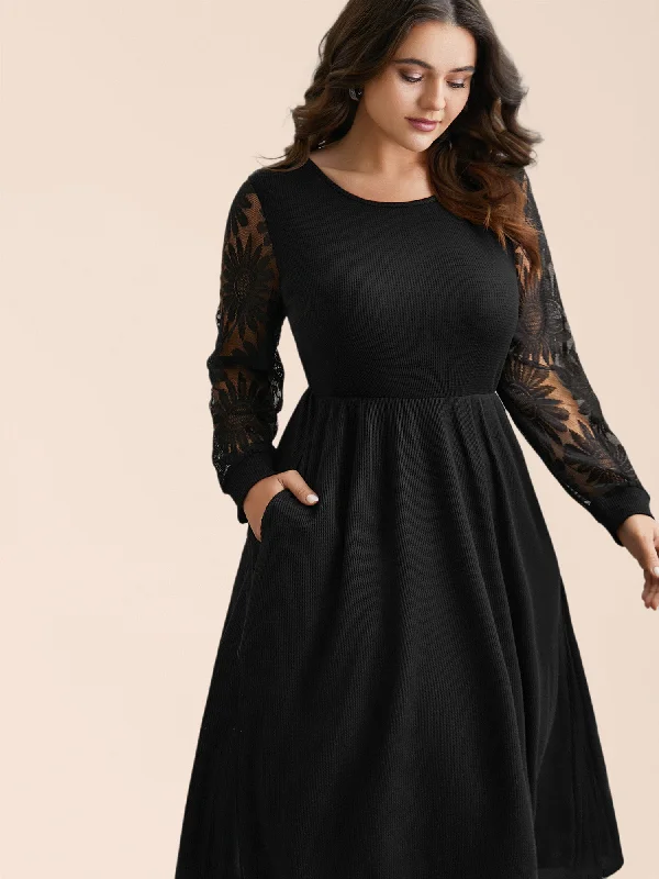 Fashion Sale Sheer Textured Sleeve Waist Cinched Midi Dress