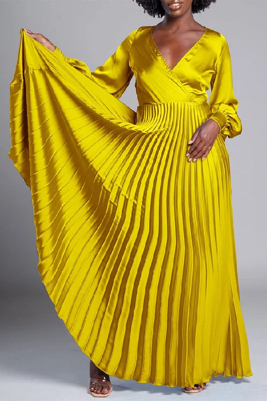 Spring Fashion Solid Color V Neck Urban Pleated Maxi Dress