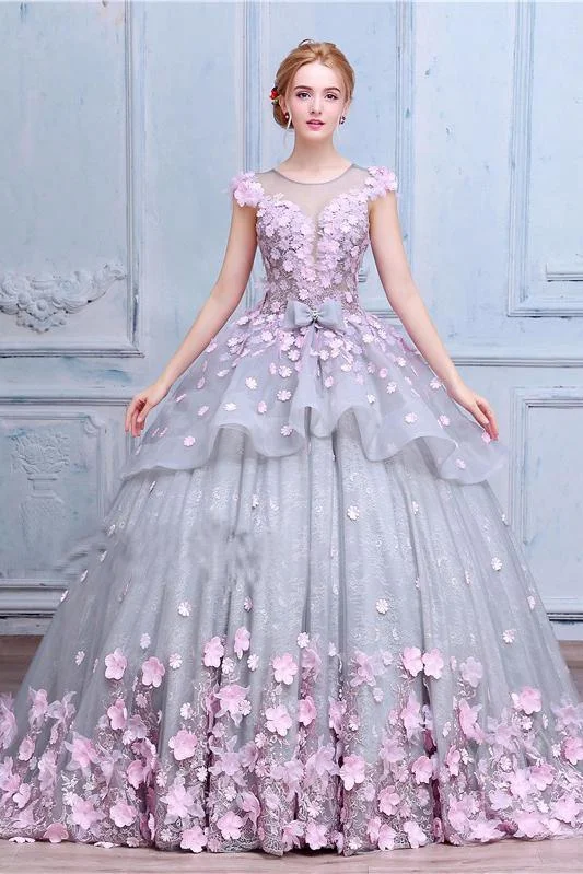 Popular Collection Scoop Ball Gown Gray Tulle Sleeveless Bowknot Empire Waist Wedding Dress with Pink Flowers