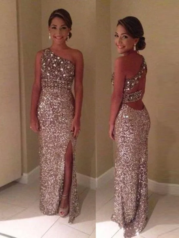 Mega Sales Sheath/Column One-Shoulder Sleeveless Sequins Floor-Length Dresses