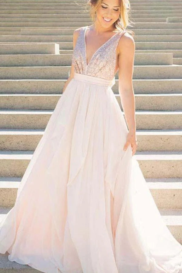 Limited Time Deal A Line Pink V Neck Sequins Simple Long Cheap Chiffon Backless Sleeveless Prom Dresses