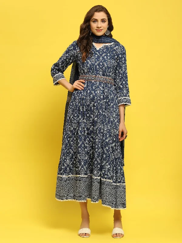 Casual Chic Women Liva Rayon Indigo Floral Print Dress With Dupatta