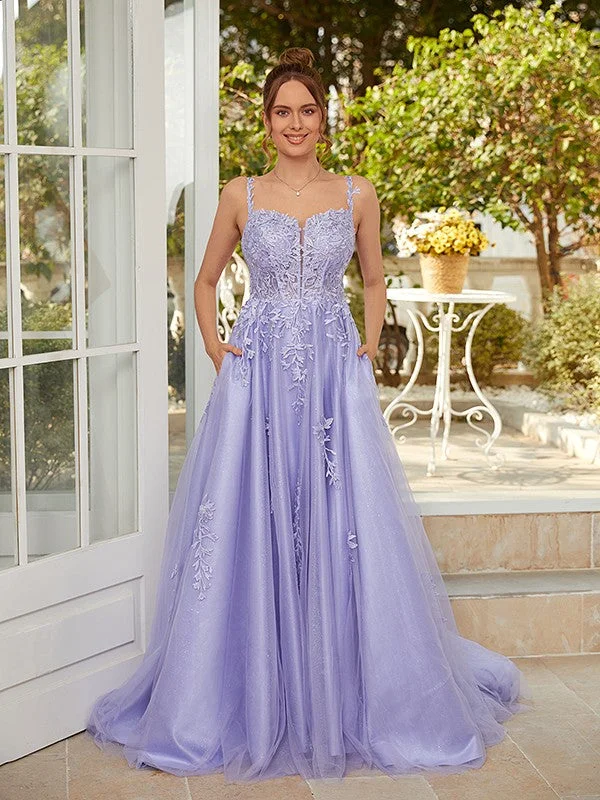 Fashion For Every Occasion A-Line/Princess Tulle Applique Straps Sleeveless Court Train Dresses