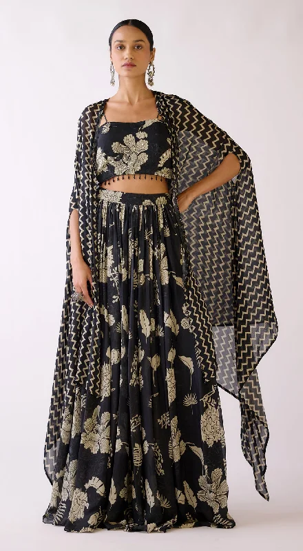 Graceful Cut Black Embroidered Floral Cape Set