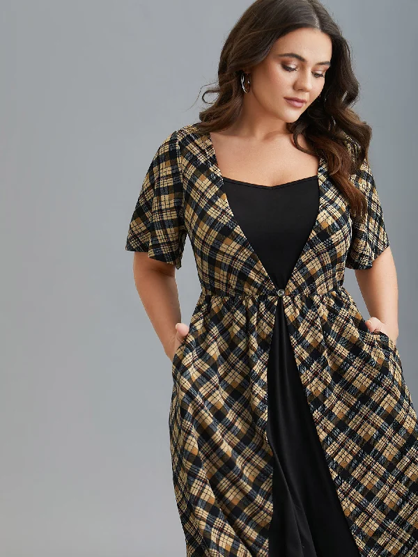 Best-Sellers Plaid Color-Block Ruched Open Midi Dress