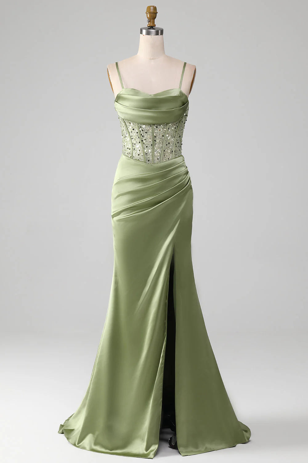 Budget Friendly Amzcw Sage Green Mermaid Sparkly Sequin Pleated Corset Satin Prom Dress