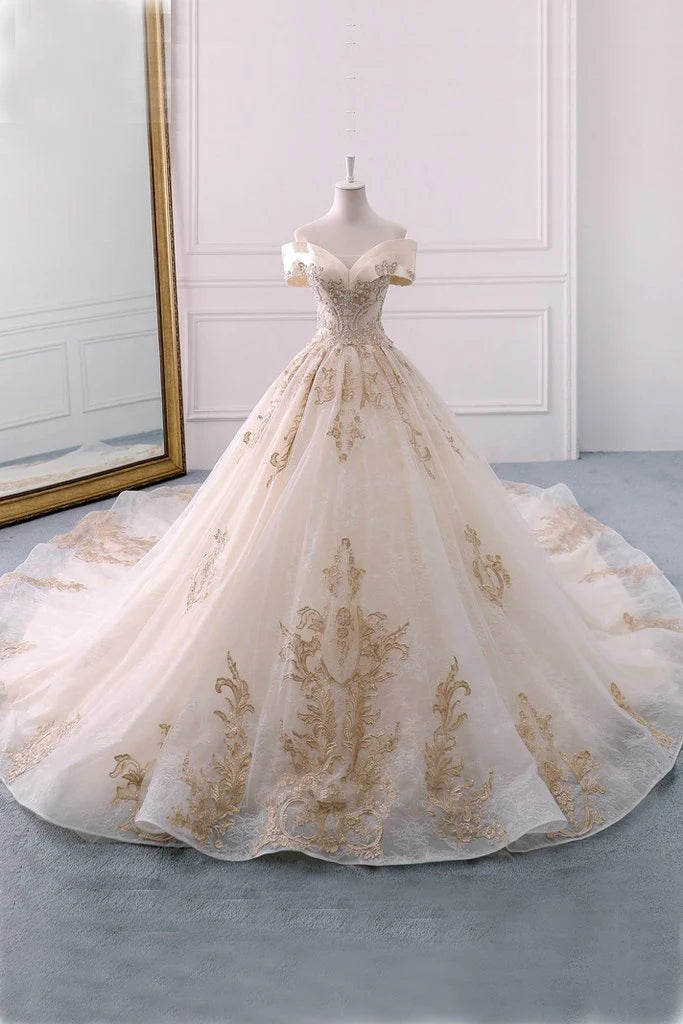 Unbeatable Prices Off the Shoulder Ball Gown Sweetheart Wedding Dress Long Appliques Bridal Dress