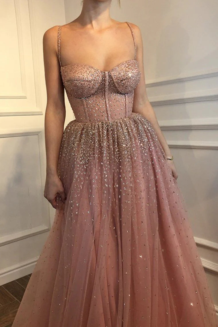 Chic Outfits A-Line Sleeveless Spaghetti Straps Floor-Length Rhinestone Tulle Dresses Evening Dress