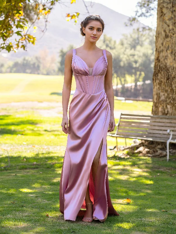 Athleisure Wear Special Offer Evening Dress Sheath Pink V-neck Satin Floor Length Prom Dress Side Fork Exquisite Elegant Formal Women's Dresses