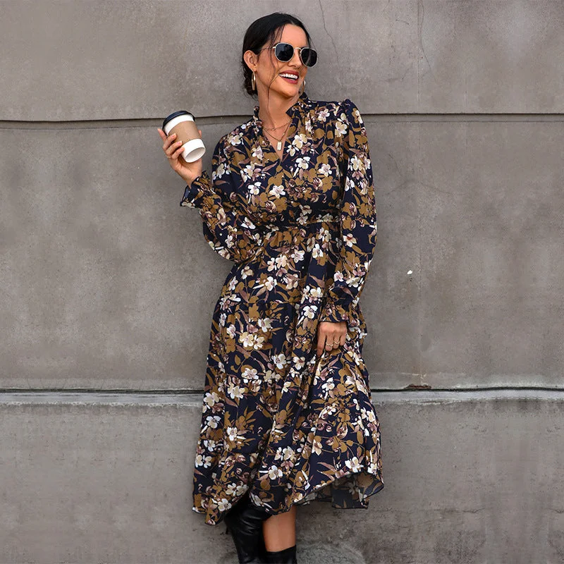 From Casual To Classy IKEARLAX 2025 cross-border New autumn floral temperament commuter dress retro printed women's dress V-neck fashion dress