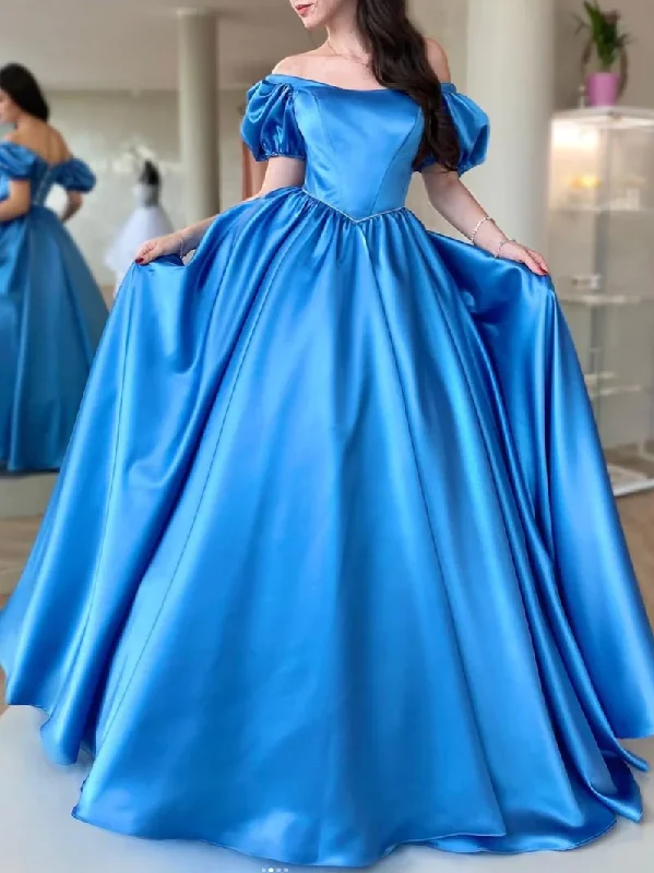 Ride The Style Wave BLUE SATIN LONG PROM DRESS, A LINE LONG BLUE GRADUATION DRESSES     S1362