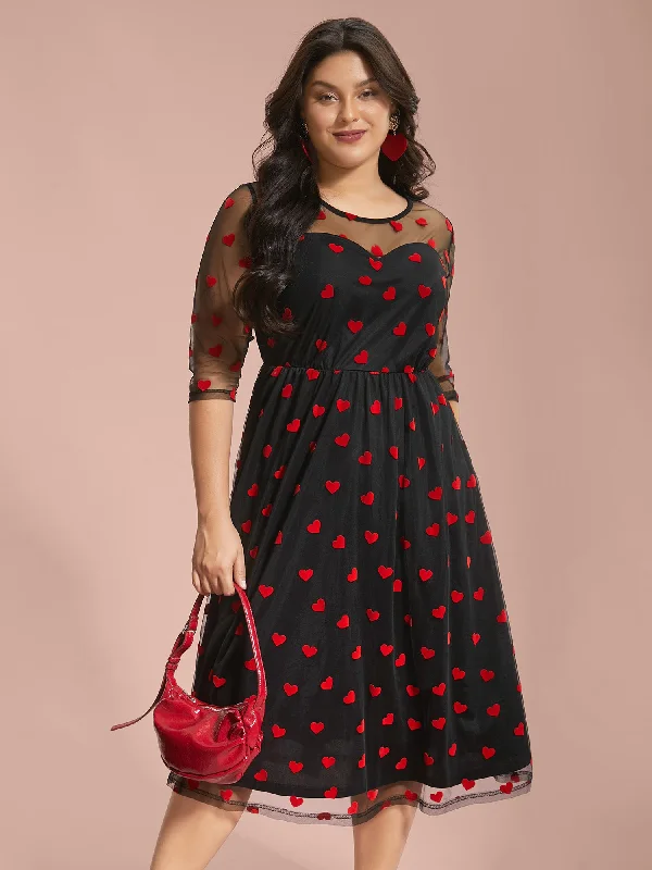 Trendy Styles Flocking Heart Mesh Patchwork Midi Dress