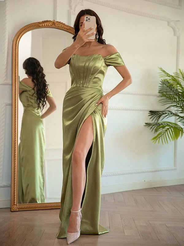 Summer Fashion Sheath/Column Elastic Woven Satin Ruched Off-the-Shoulder Sleeveless Floor-Length Dresses