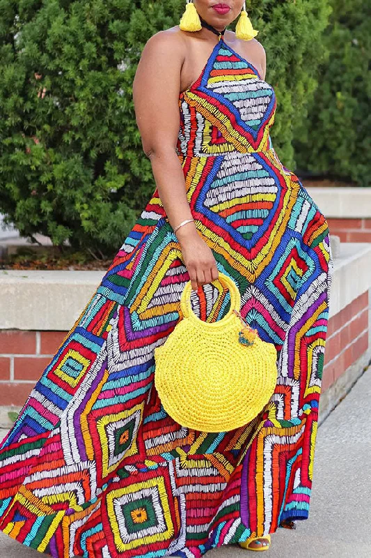 Trend Alert Colorful Geometric Print Halter Collar Swing Maxi Dress