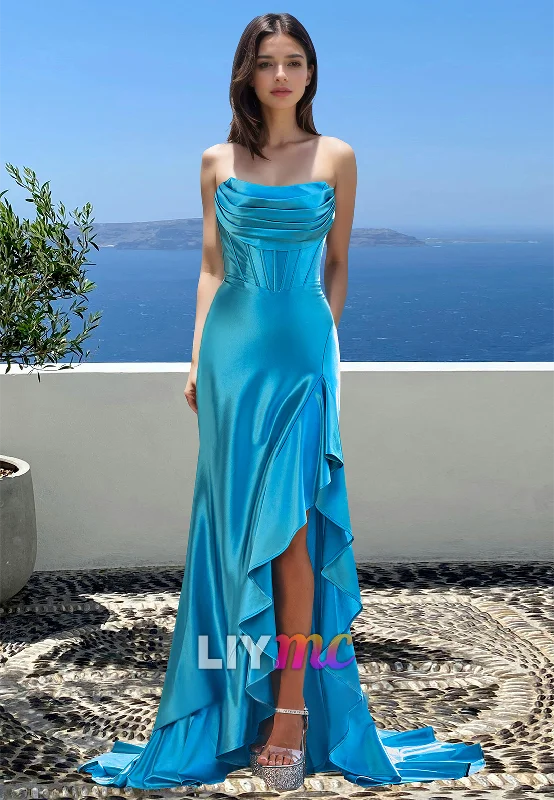 Feminine Soft - Hued Look Off-Shoulder Sleeveless Pleated Ruffled Sleek Mermaid Prom Dress