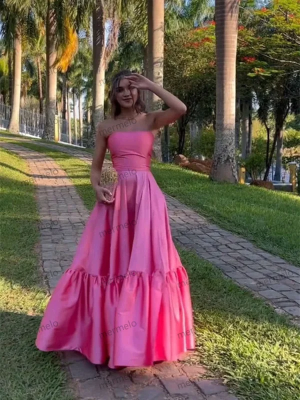 Flash Sale Fever Pink Satin A-line Scoop Floor Length Prom Dress, Pink Satin Party Dress