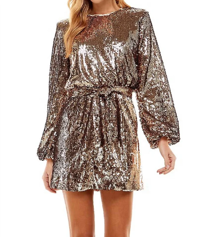 Contemporary Chic Into The Night Sequin Belted Mini Dress In Copper