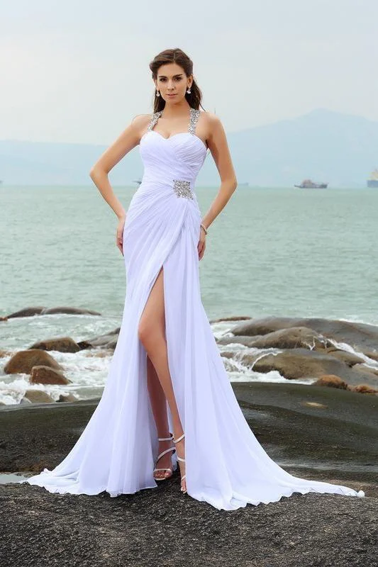 Y2K Nostalgic Fashion Look Sheath Straps Beading Long Halter Chiffon Slit Sweetheart Beach Wedding Dresses