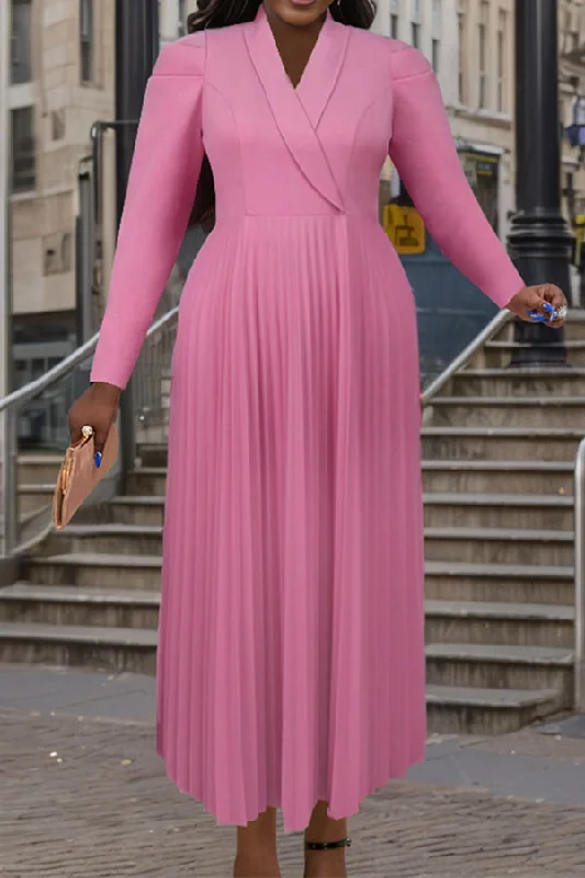 Update With Cottagecore Styles Solid Color Shawl Collar Commuting Pleated Maxi Dress