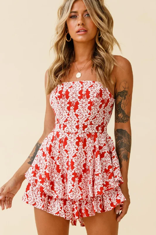 Today Only Alexandria Square Neckline Tie Back Romper Floral Print Red